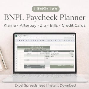 Pode incluir: Um laptop exibe uma planilha intitulada "PAYCHECK 1" com dados financeiros. Uma bloco de notas, caneta e o texto "BNPL Paycheck Planner" e "Excel Spreadsheet | Instant Download" também são visíveis.