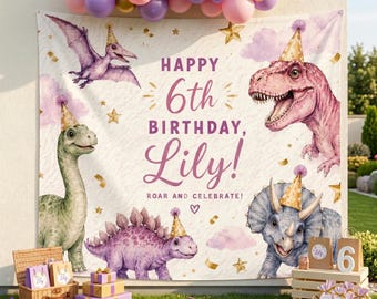 May include: A rectangular birthday backdrop featuring illustrations of four dinosaurs wearing party hats, purple clouds, and gold stars. The text reads: HAPPY 6th BIRTHDAY, Lily! ROAR AND CELEBRATE! The banner is decorated with a balloon arch in purple, pink, and gold.
