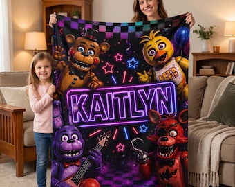 Personalized FNAF Blanket Custom Name Flannel Throw Gamer Gift for Kids Teens Five Nights Room Decor Cozy Birthday Present Boys Bedding
