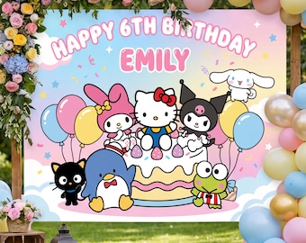 May include: A colorful birthday party backdrop featuring the text "HAPPY 6TH BIRTHDAY EMILY" with cartoon characters, balloons, and a cake. The backdrop is decorated with flowers and balloons, creating a festive atmosphere.
