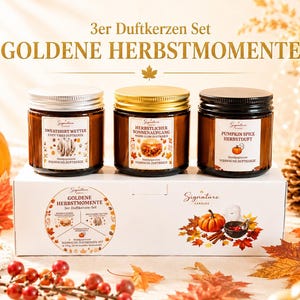 Herbst Duftkerzen Geschenkset | 3er Set Sojawachs Duftkerzen | Pumpkin Spice, Sweatshirt Wetter, Herbstlicher Sonnenaufgang | Handgemacht