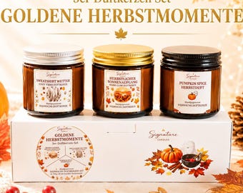 Herbst Duftkerzen Geschenkset | 3er Set Sojawachs Duftkerzen | Pumpkin Spice, Sweatshirt Wetter, Herbstlicher Sonnenaufgang | Handgemacht