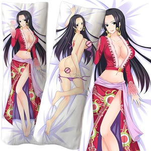 May include: A rectangular body pillowcase featuring a printed anime character with long black hair, gold earrings, and a red outfit with a white fur trim. The character is depicted in two poses, one standing and one reclining, on a white background.