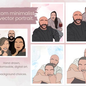 Könnte beinhalten: Eine Sammlung von benutzerdefinierten, minimalistischen, flachen Vektorporträts. Die Bilder zeigen Illustrationen von Personen in verschiedenen Posen, mit vier Hintergrundoptionen. Der Text lautet: "Benutzerdefiniertes, minimalistisches, flaches Vektorporträt. Handgezeichnet, anpassbar, digitale Kunst. 4 Hintergrundauswahlen."