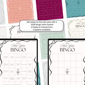 Könnte beinhalten: Mehrere 2026 Neujahrs-Bingo-Karten in Pastelltönen. Jede Karte hat einen dekorativen Rand und die Worte "New Year BINGO". Das Bild enthält den Text: "Machen Sie sich bereit für das neue Jahr mit einem 2026 Bingo Vision Board! 8 Stile zur Auswahl. 2 Optionen verfügbar."