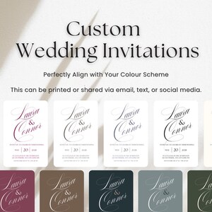 Könnte beinhalten: Individuelle Hochzeitseinladungen mit den Namen "Laura & Connor" in eleganter Schrift. Die Einladungen werden in verschiedenen Farbschemata gezeigt, mit dem Datum "20. Mai 2028". Der Text besagt, dass sie gedruckt oder digital geteilt werden können.