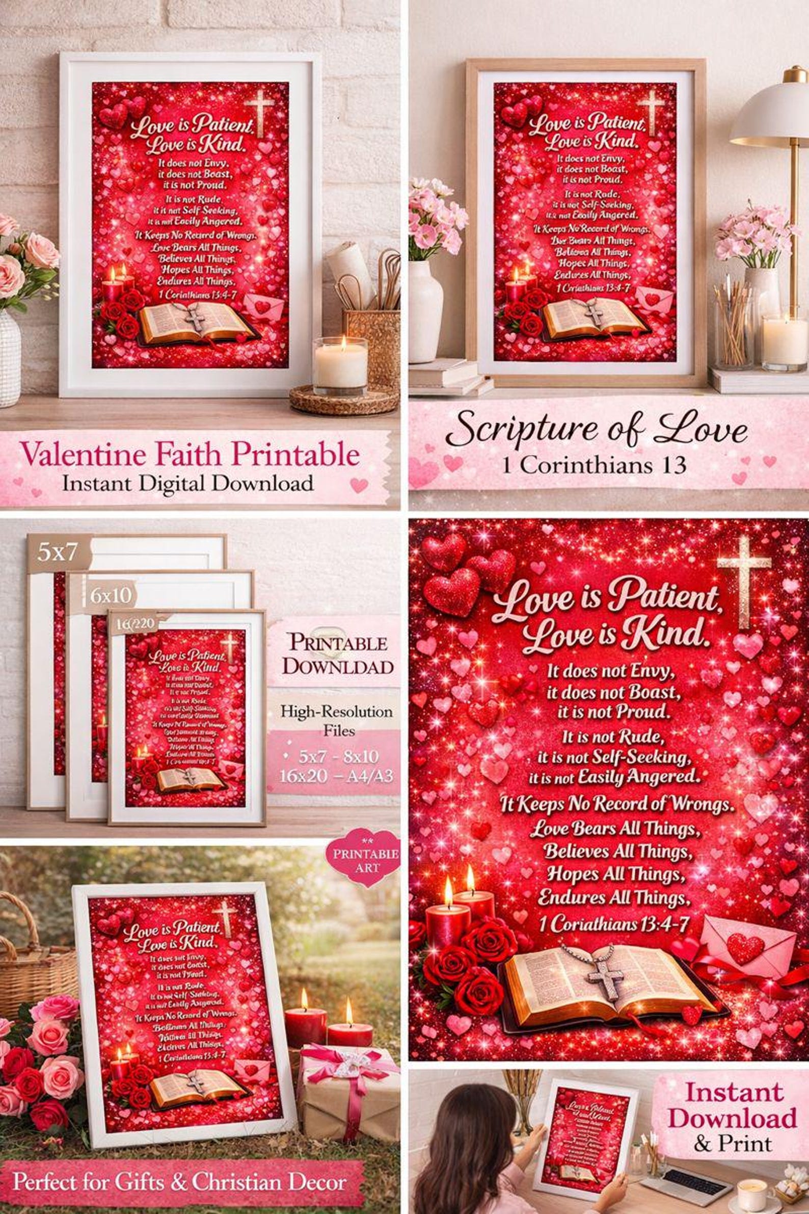 Valentine Faith Printable, 1 Corinthians 13 Scripture Art |red & Pink ...