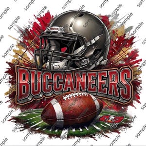 May include: Digital graphic featuring a football helmet, football, and the word "BUCCANEERS" in red and white. The design includes a team logo and a background with red and gold accents, suggesting a sports theme.
