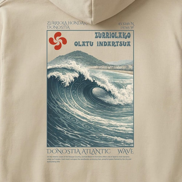 Donastia Wave Surf Hoodie, San Sebastian Big Wave Graphic sweater, Iconic Surf Spot Series, Unisex Surfer Tops, Basque culture sweats