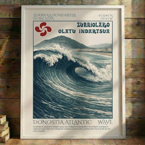 Könnte beinhalten: Ein gerahmter Kunstdruck mit einer stilisierten Darstellung einer großen Meereswelle. Das Kunstwerk mit dem Titel "Donostia Atlantic Wave" zeigt eine sich kräuselnde Welle in Blau- und Weißtönen, mit einem Berg und einer Küstenlinie im Hintergrund. Der Druck enthält Text auf Englisch und Baskisch.