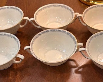 ピルケンハンマー社製チェコスロバキア製スープボウル6個セット、ギリシャ模様の金縁装飾、アンティーク磁器カップ