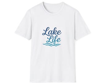 Lake Life T-Shirt | Script lettering with waves, blue summer lake tee