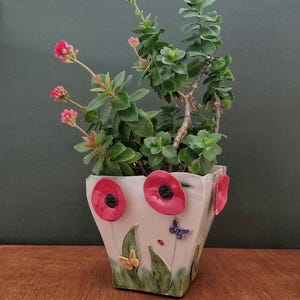 Può includere: Un vaso quadrato in ceramica con un design floreale, con papaveri rossi e farfalle. Il vaso contiene una pianta succulenta verde con fiori rosa. Il vaso è bianco con dettagli dipinti a mano.