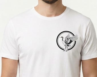 Minimalist Japanese Crane Line Art T-Shirt | Small Chest Design, Modern Japanese Aesthetic Tee