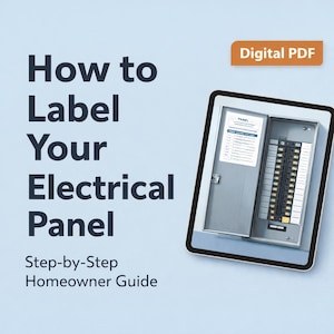 以下が含まれることがあります： 「電気パネルのラベルの付け方」というタイトルのデジタルPDFで、住宅所有者向けのステップバイステップガイドです。画像には、ドアが開いた電気パネルが表示されており、回路ブレーカーとラベルが明らかになっています。背景は水色です。
