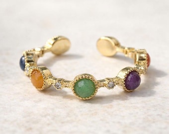 7 Chakra Ring Goud Verstelbaar - Echte Edelstenen - Spiritueel Sieraden Yoga Cadeau Moderne Vrouwen - Boho Ring met Amethist Carneool Jaspis