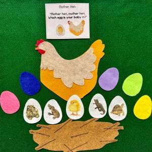 May include: A felt board with a large hen, colorful eggs, and a nest. The eggs contain images of different animals. A sign reads "Mother Hen, Which egg is your baby in?" The words "Friendly Faces Felt" are at the bottom.