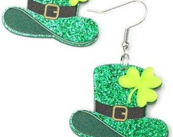 Leprechaun Hat Earrings - Acrylic Leprechaun Earrings - Green Glitter Earrings - Shamrock  Earrings - St Patrick's Day - St Pat's Earrings
