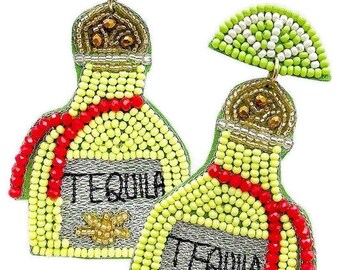 Tequila Earrings - Beaded Earrings - Cinco de Mayo - Women's Earrings - Green Tequila Earrings - Dangle Earrings - Gift for Her - Gift