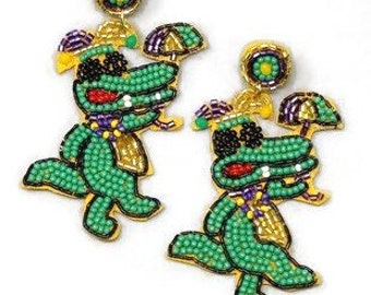 Mardi Gras Earrings - Mardi Gras Gators - Alligator Earrings - Second Line Earrings - Beaded Earrings - Women's Earrings - Dancing Gator