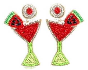 Watermelon Earrings - Cocktail Earrings - Women's Earrings - Dangle Earrings - Watermelon Jewelry - Beaded Earrings - Green Red Earrings