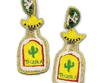Tequila Earrings - Tequila Bottle - Women's Earrings - Cinco de Mayo - Beaded Earrings - Dangle Earrings - Women's Gift - Yellow Earrings
