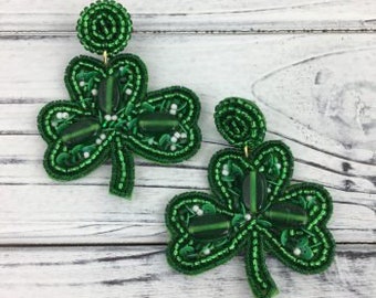 Green Shamrocks - Shamrock Earrings - Clover Earrings - St Patrick's Day - Beaded Earrings - St Pat's Jewelry - Women's Earrings - Gift Her