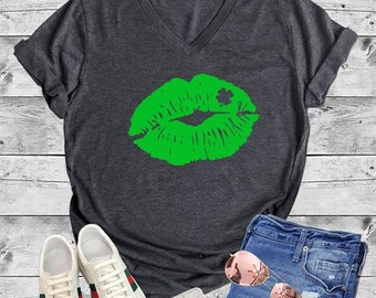 Plus Size St Pat's Top - St Patrick's Day - Green Lips Shirt - Charcoal Gray Top - Women's Shirt - Irish Shirt - Shamrock Shirt - Gift Her