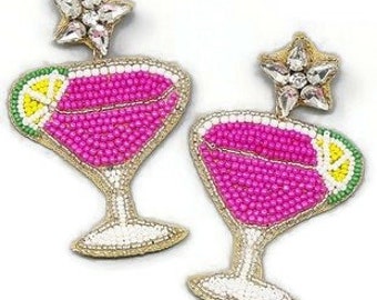 Margarita Earrings - Pink Margaritas - Women's Earrings - Cocktail Earrings - Cinco de Mayo - Beach Earrings - Beaded Earrings - Gift Her
