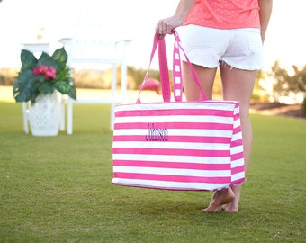 Pink Stripe Tote - Personalized Tote - Ultimate Tote - Organizer Tote - Beach Tote - Pink White Tote - Women's Tote - Large Tote Bag - Gift