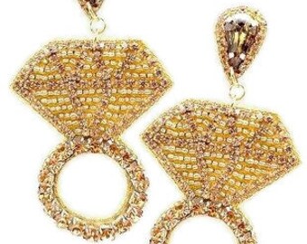 Engagement Earrings - Ring Earrings - Engagement Ring - Women's Earrings - Beaded Earrings - Gold Earrings - Bridal Gift - Women's Gift