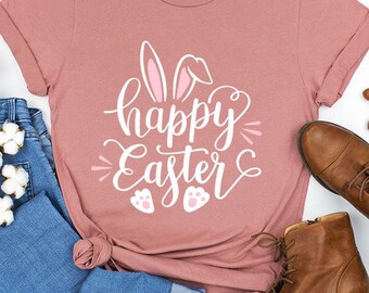 Happy Easter Shirt - Bunny Feet Tshirt - Peach Bunny Shirt - Easter Bunny Top - Women's Shirt - Springtime Tshirt - Short Sleeve Shirt