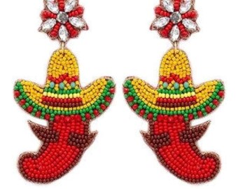 Sombrero Jalapeno Earrings - Beaded Earrings - Womens Earrings - Cinco de Mayo - Dangle Earrings - Red Earrings - Fiesta Earrings - Gift Her