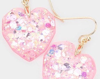 Pink Heart Earrings - Pink Glitter Earrings - Valentine's Day - Valentine's Earrings - Women's Earrings - Heart Jewelry - Valentine's Gift