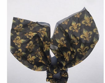 Hair Scarf - Black Gold Scrunchie - Fleur de Lis Scrunchie - Womens Hair Scarf - Ponytail Holder - New Orleans Scrunchie - Girls Hair Scarf