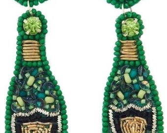 Green Beaded Earrings - Champagne Bottle - Women's Earrings - St Patrick's Day - Dangle Earrings - Beaded Earrings - Champagne Earrings