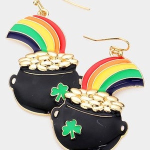 May include: Gold pot of coins with a rainbow over it. The pot is black with a green shamrock. The rainbow is red, orange, yellow, green, blue, indigo, and violet. The earrings are gold.