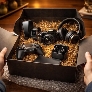 May include: A black gift box containing tech items: a smartphone, smartwatch, camera, headphones, wireless earbuds, a game controller, and a tablet. The box is filled with gold-coloured shredded paper.