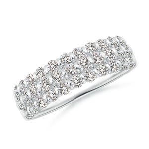 May include: A silver ring with three rows of sparkling, round-cut diamonds. The diamonds are set closely together, creating a continuous band of brilliance. The ring has a polished, smooth finish.