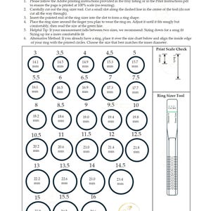 Puede incluir: Herramienta y tabla imprimible para medir anillos con tallas de 3 a 16, en milímetros, para tallas de anillos de EE. UU., Reino Unido e internacionales. Incluye instrucciones de uso y una comprobación de escala de impresión.