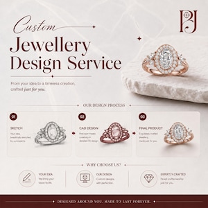 May include: A custom jewelry design service infographic featuring a rose gold oval-cut diamond ring with a halo setting. The graphic displays a three-step process: sketch, CAD design, and final product, alongside text detailing the design service.