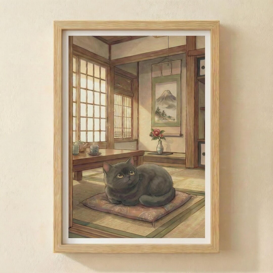 Japanese Cat Wall Art Print, Zen Tatami Room Decor, Wabi Sabi Interior ...