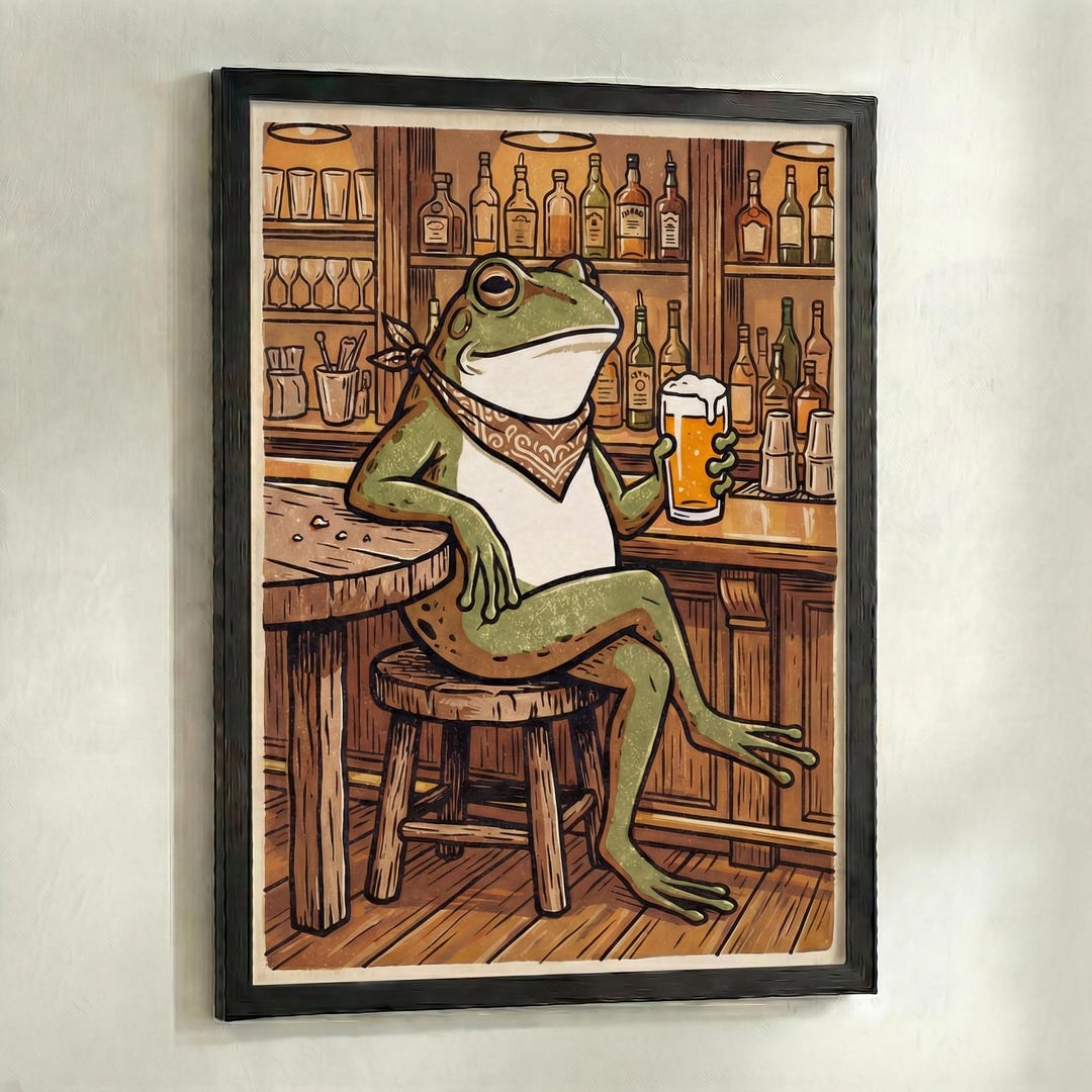 Frog Drinking Beer Wall Art Print, Bar Illustration Poster, Cozy Bar ...