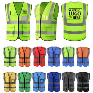 May include: High-visibility safety vests in various colors, including neon green, orange, red, blue, and gray. Each vest features reflective stripes, multiple pockets, and a zipper closure. Some vests have the text "YOUR LOGO HERE".
