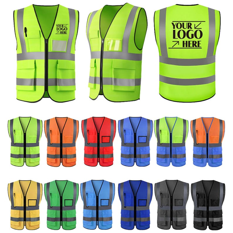 May include: High-visibility safety vests in various colors, including neon green, orange, red, blue, and gray. Each vest features reflective stripes, multiple pockets, and a zipper closure. Some vests have the text "YOUR LOGO HERE".