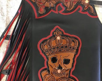 Handmade King Skull Leather Chaps, Custom Western Rodeo Riding Pants, Unisex Biker Gear Gift