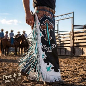 May include: Black leather chaps featuring white leather trim, long white and turquoise fringe, and a large embossed cross design on the thigh. The chaps are secured with a brown leather belt and include decorative turquoise accents.