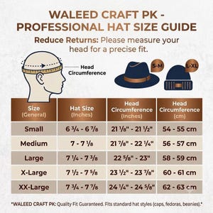 May include: A professional hat size guide chart by WALEED CRAFT PK. It features a diagram of a head with a measuring tape, icons of a fedora and a beanie, and a table listing general sizes, hat sizes in inches, and head circumference in inches and cm.