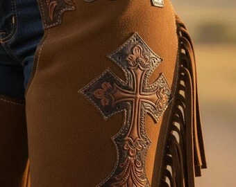 Handmade Genuine Leather Western Chaps | Tooled Floral & Cross Unisex Rodeo Gear