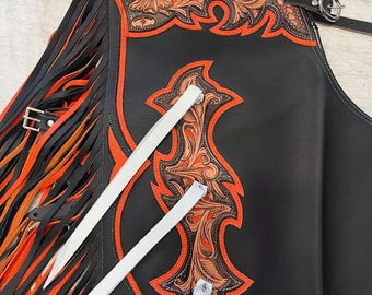 Handmade Genuine Leather Rodeo Chaps | Tooled Floral Unisex Western Biker Chaps